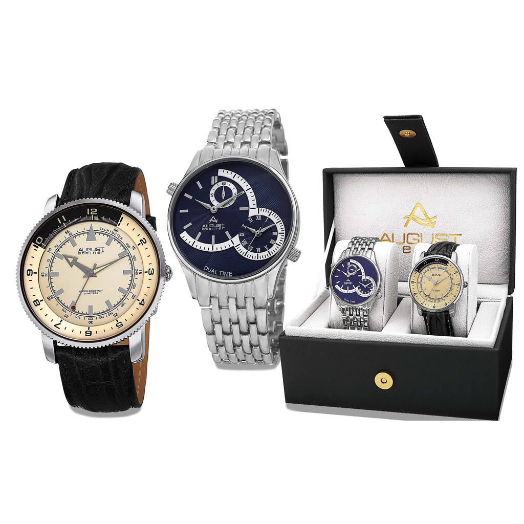 August Steiner Men's Swiss Quartz Multifunctional Alloy Bracelet & Leather Silver-Tone Strap Watch S - silver