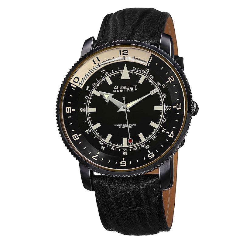 August Steiner Men's Swiss Quartz Multifunctional Alloy Bracelet & Leather Black Strap Watch Set