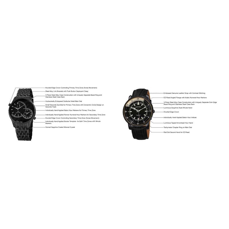 August Steiner Men's Swiss Quartz Multifunctional Alloy Bracelet & Leather Black Strap Watch Set