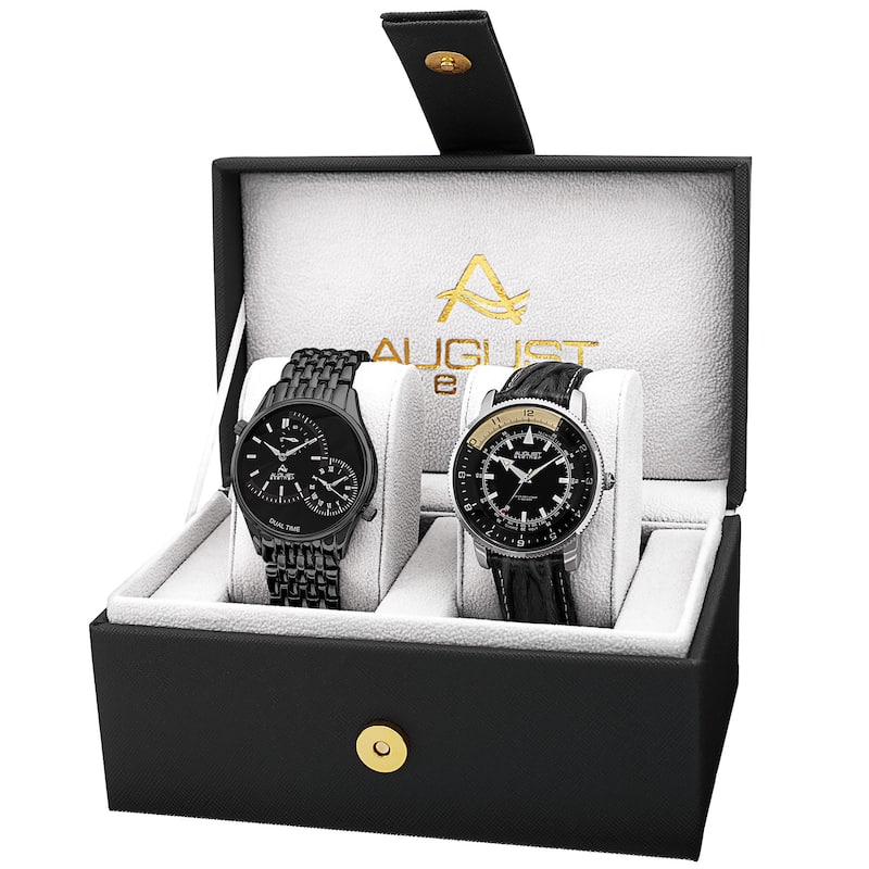 August Steiner Men's Swiss Quartz Multifunctional Alloy Bracelet & Leather Black Strap Watch Set