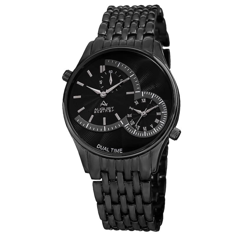 August Steiner Men's Swiss Quartz Multifunctional Alloy Bracelet & Leather Black Strap Watch Set
