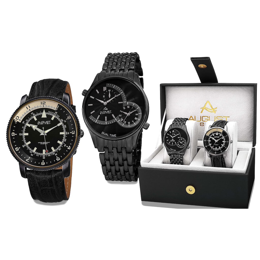 August Steiner Men's Swiss Quartz Multifunctional Alloy Bracelet & Leather Black Strap Watch Set