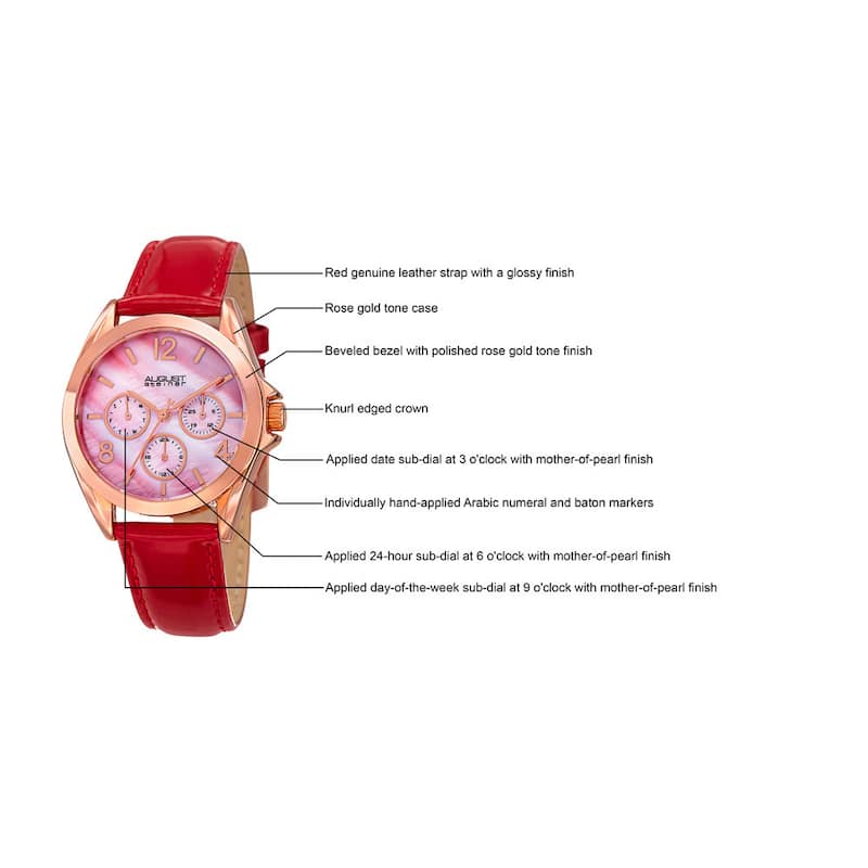August Steiner Women's Quartz 24-Hour Indicator Multifunction Leather Red Strap Watch