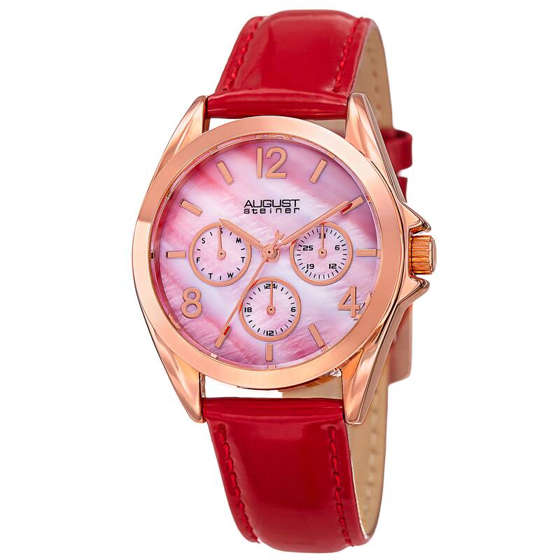 August Steiner Women's Quartz 24-Hour Indicator Multifunction Leather Red Strap Watch