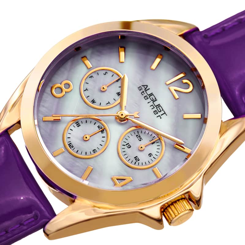 August Steiner Women's Quartz 24-Hour Indicator Multifunction Leather Purple Strap Watch