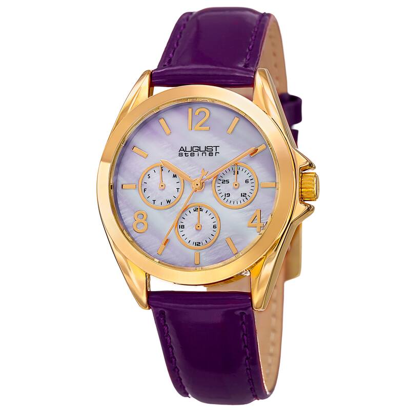 August Steiner Women's Quartz 24-Hour Indicator Multifunction Leather Purple Strap Watch
