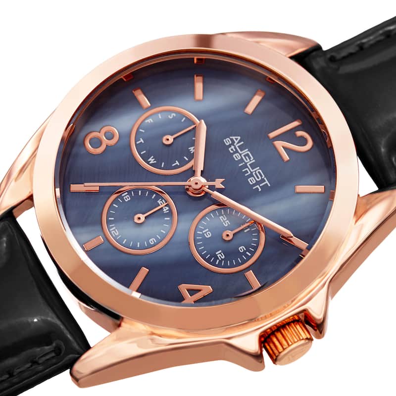 August Steiner Women's Quartz 24-Hour Indicator Multifunction Leather Black Strap Watch