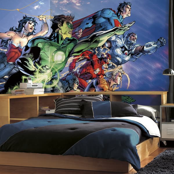 slide 2 of 2, Justice League XL Chair Rail Prepasted Mural 6-foot x 10.5-foot Ultra-strippable by RoomMates