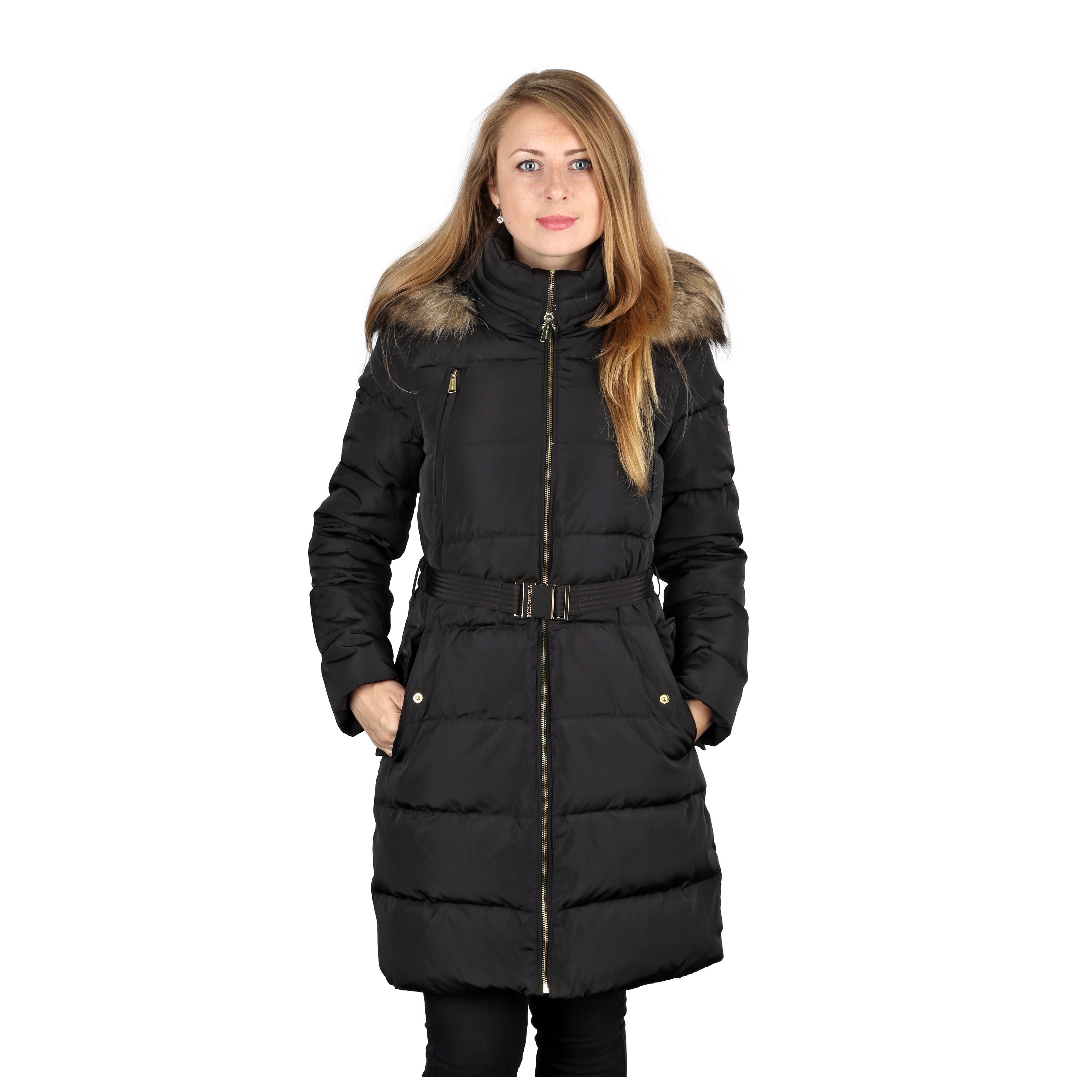 michael kors black belted puffer coat