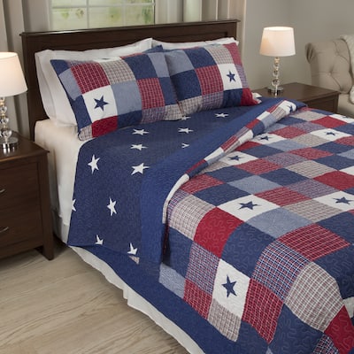Caroline Patriotic Quilt Set - Microfiber Americana Stars and Plaid Patchwork Bedding with Pillow Shams by Windsor Home