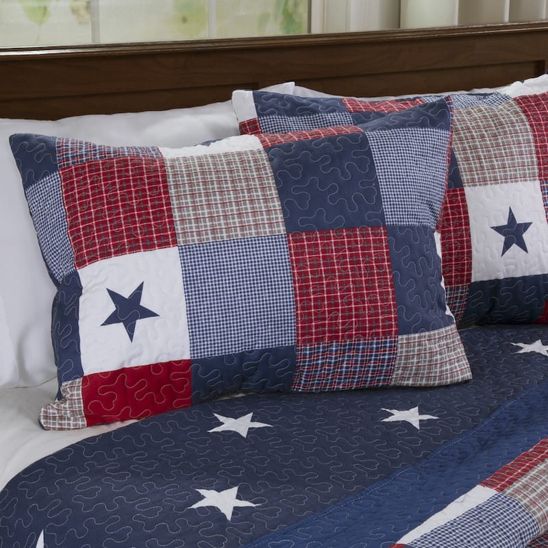 Caroline Patriotic Quilt Set - Microfiber Americana Stars and Plaid Patchwork Bedding with Pillow Shams by Windsor Home