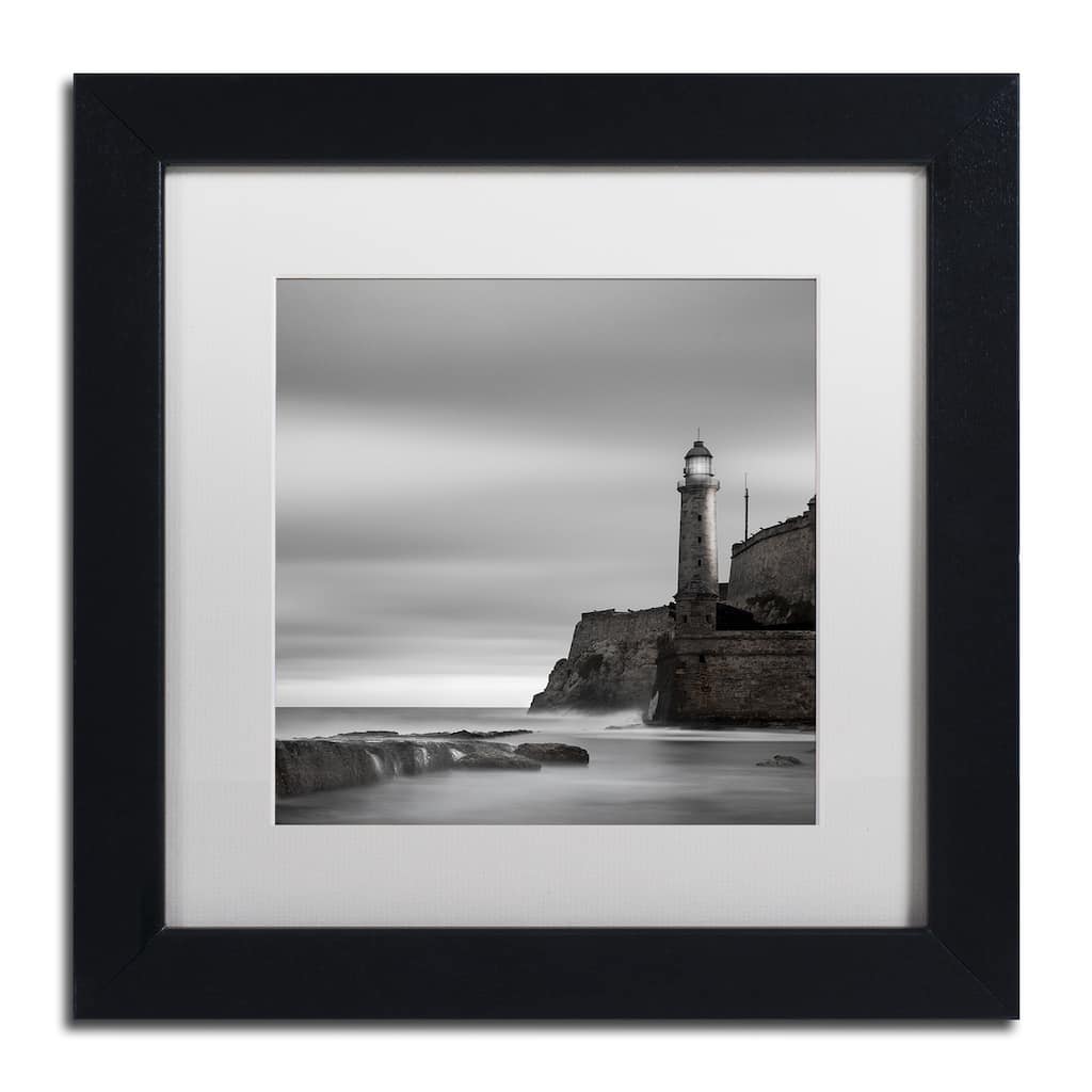 Moises Levy 'Morro Lighthouse' White Matte, Black Framed Canvas Wall Art - White Matte/Black Frame