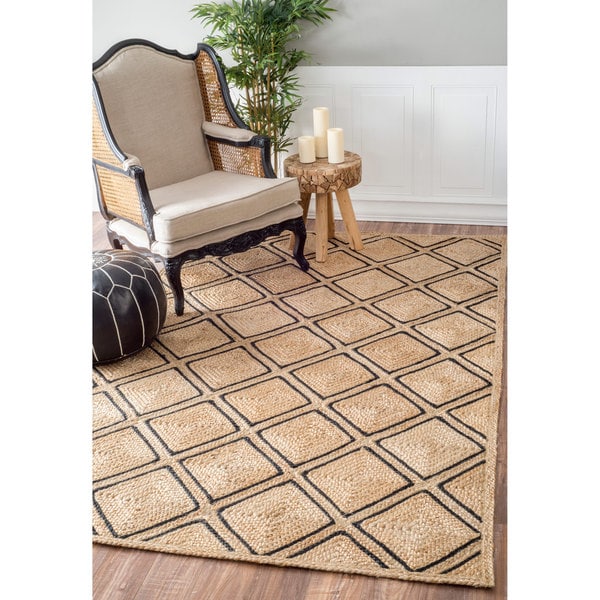 nuLOOM Handmade Natural Fiber Tribal Trellis Jute Black Rug (9' x 12