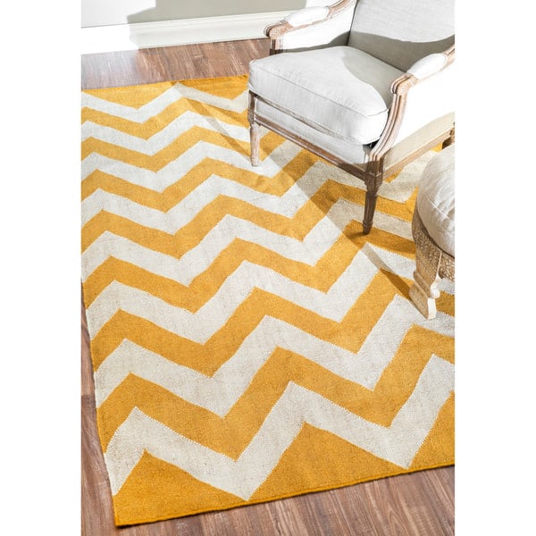 Yellow Ochre Cream Chevron Geometric Flatweave Indoor Outdoor Living Room Rug
