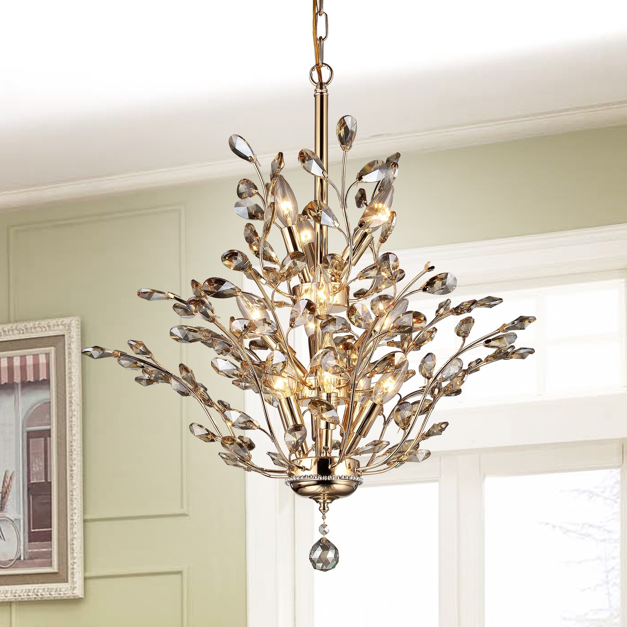 Gisell 13-light Golden Leaf-like Crystal Chandelier - Gold (Golden Leaf-like Crystal Chandelier) - Chandeliers For Bedrooms by Overstock.com