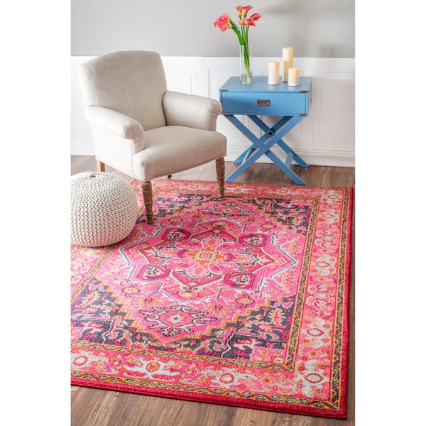 nuLOOM Traditional Flower Medallion Violet Pink Rug (53 x 77