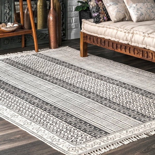nuLOOM Handmade Flatweave Stiped Diamond Border Cotton Fringe Grey Rug (5' x 8')
