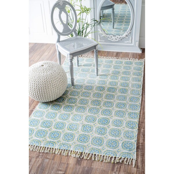 nuLOOM Handmade Flatweave Florette Stamp Cotton Fringe Green Rug (5' x