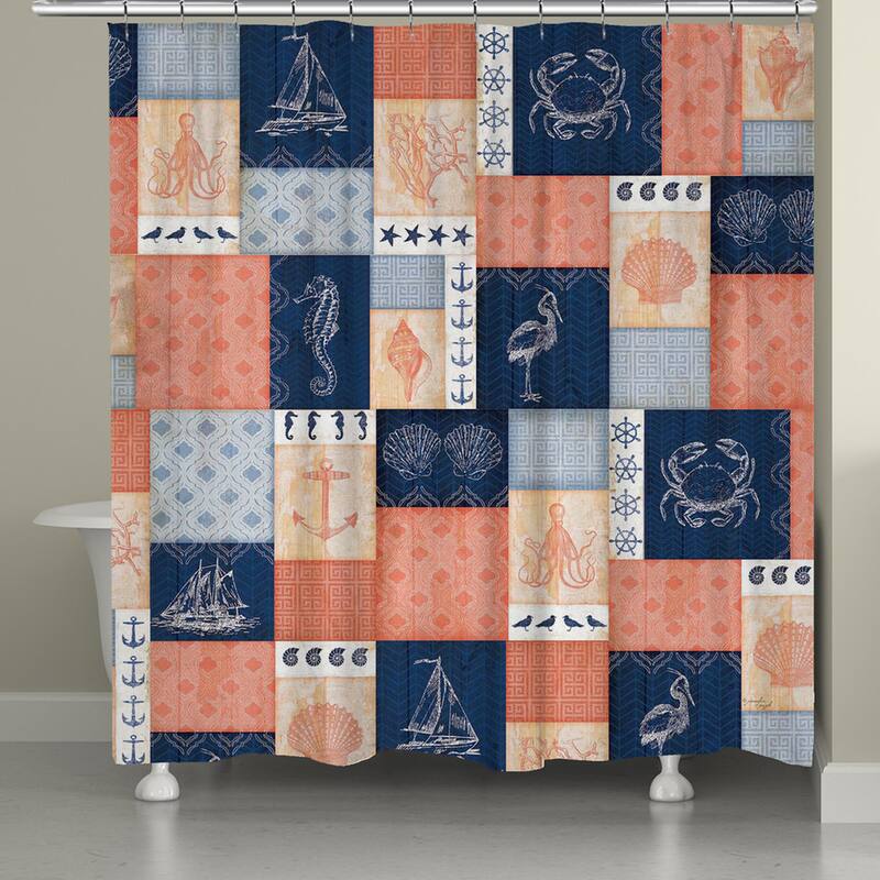 Laural Home Navy and Coral Coastal Patchwork 71 x 72-inch Shower Curtain