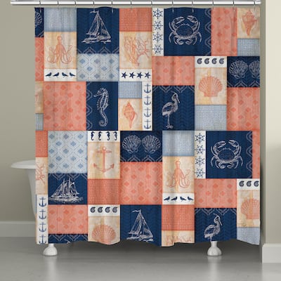 Laural Home Navy and Coral Coastal Patchwork 71 x 72-inch Shower Curtain