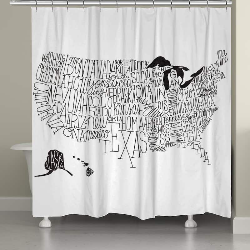 Laural Home White and Black Lettered Map 71 x 72-inch Shower Curtain