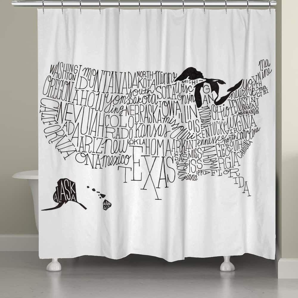 Laural Home White and Black Lettered Map 71 x 74-inch Shower Curtain