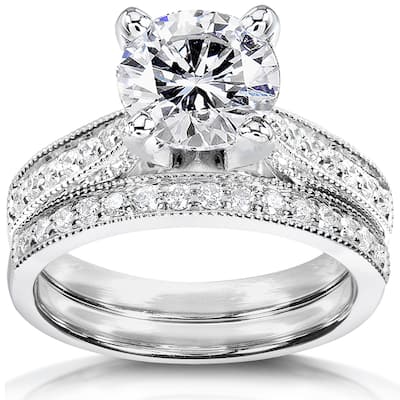 Annello by Kobelli 14k White Gold 2 1/4ct TGW Round Forever One DEF Moissanite and Diamond Antique Bridal Set