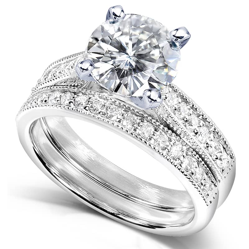 Annello by Kobelli 14k White Gold 2 1/4ct TGW Round Forever One DEF Moissanite and Diamond Antique Bridal Set
