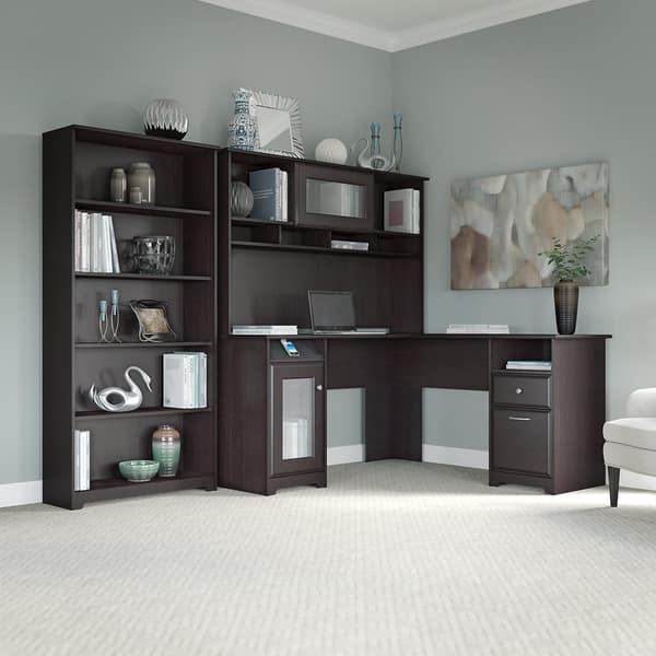 L Shaped Bookcase / Bush Furniture Fairview 60w L Shaped Desk With Hutch Storage Cabinets And 5 Shelf Bookcase In Antique Black And Hansen Cherry Furniture Sets : Amazing gallery of interior design and decorating ideas of l shaped bookcase in bedrooms, decks/patios, dens/libraries/offices, pools.