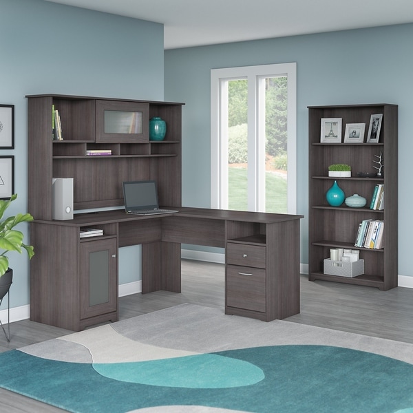 Cabot L Shaped Desk with Hutch and 5 Shelf Bookcase in Heather Gray