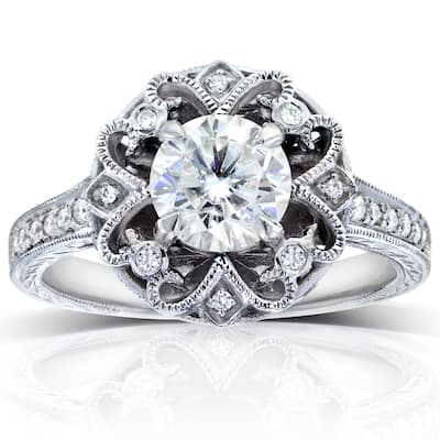 Annello by Kobelli 14k White Gold 1 1/5ct TGW Forever One Moissanite and Diamond Antique Floral Extravagant Engagement Ring