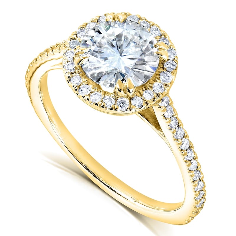 Annello by Kobelli 14k Gold 1 1/4ct TGW Forever One Moissanite and Diamond Round Halo Classic Engagement Ring