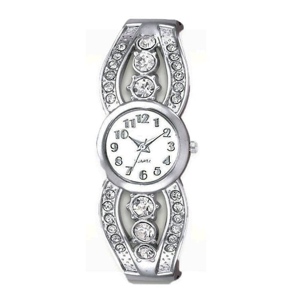 Women's Silver Crystal Cuff Watch with Round Dial, Crystal Accents, and Easy Read Dial