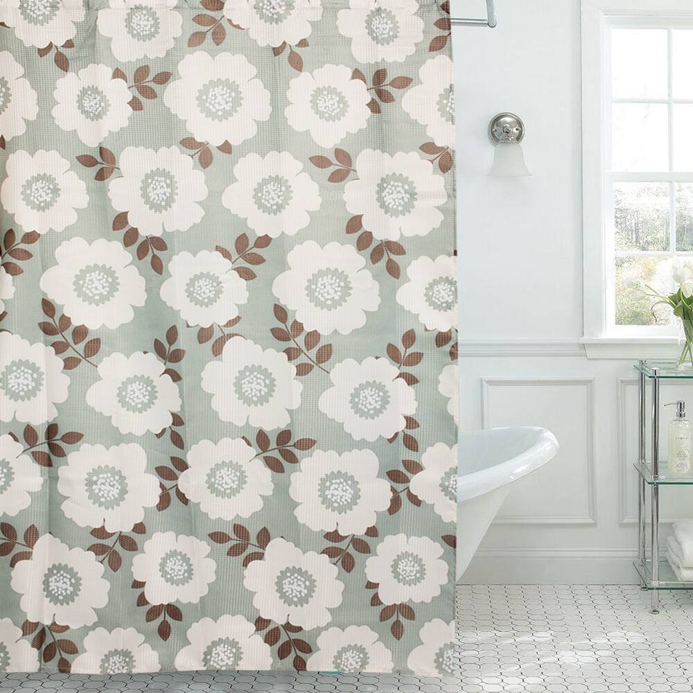 Sage and Ivory Floral Print Diamond Texture 13-piece Shower Curtain and Roller Hooks Set - Sage/Cream