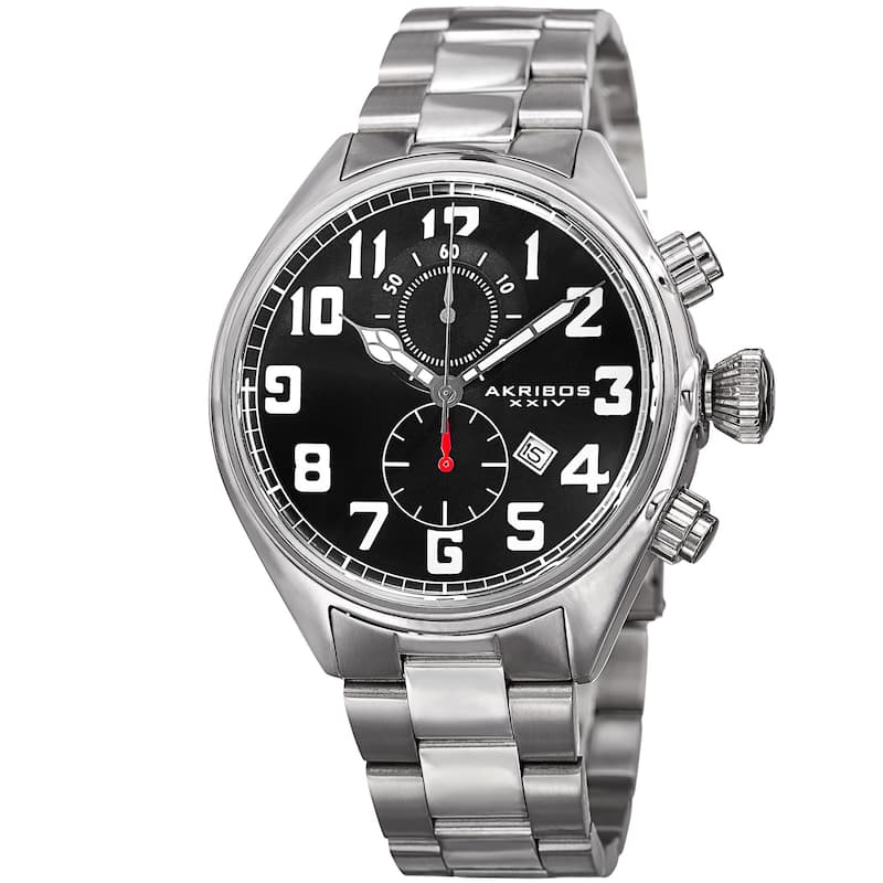 Akribos XXIV Men's Quartz Chronograph Stainless Steel Silver-Tone Bracelet Watch - Black