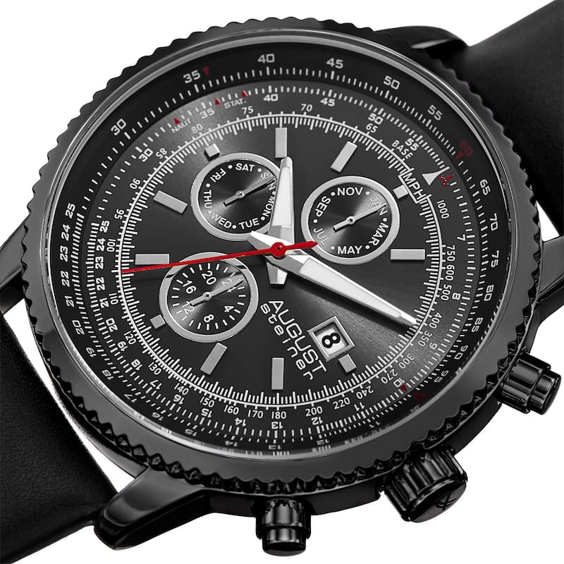 August Steiner Men's Swiss Quartz Multifunction Tachymeter Leather Black Strap Watch