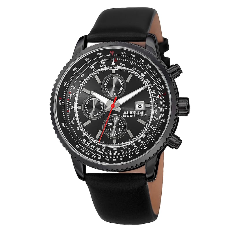 August Steiner Men's Swiss Quartz Multifunction Tachymeter Leather Black Strap Watch