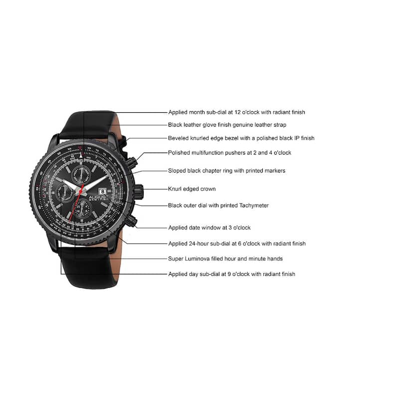 August Steiner Men's Swiss Quartz Multifunction Tachymeter Leather Black Strap Watch