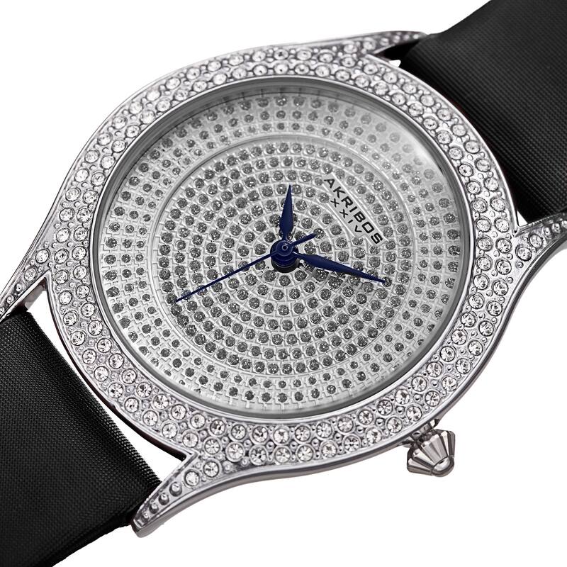 Akribos XXIV Women's Quartz Swarovski Crystals Satin Silver-Tone Strap Watch - black