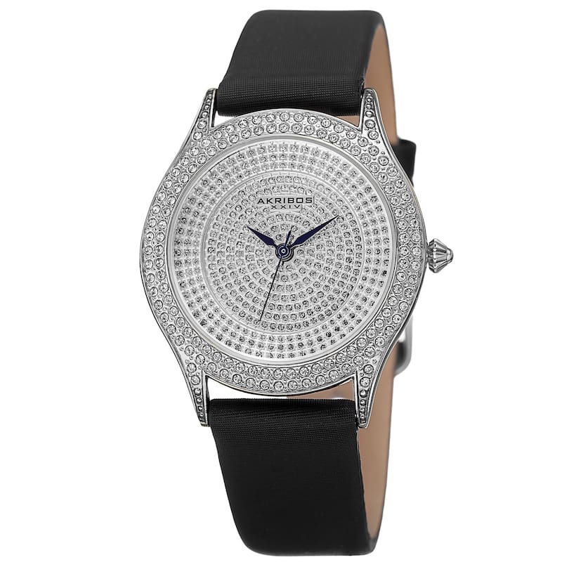Akribos XXIV Women's Quartz Swarovski Crystals Satin Silver-Tone Strap Watch - black