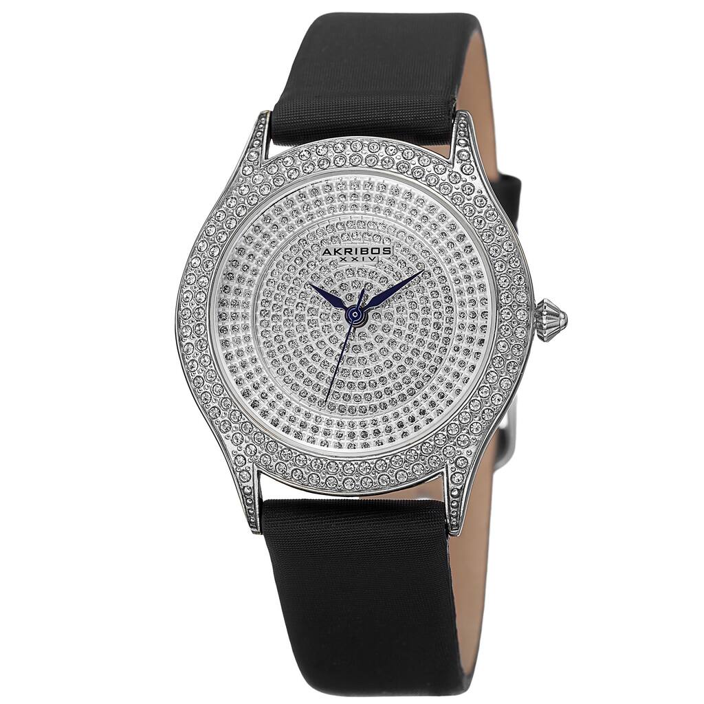 Akribos XXIV Women's Quartz Swarovski Crystals Satin Silver-Tone Strap Watch - black