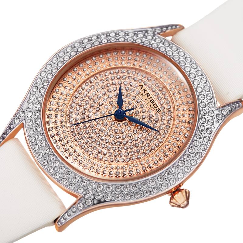Akribos XXIV Women's Quartz Swarovski Crystals Satin White Strap Watch