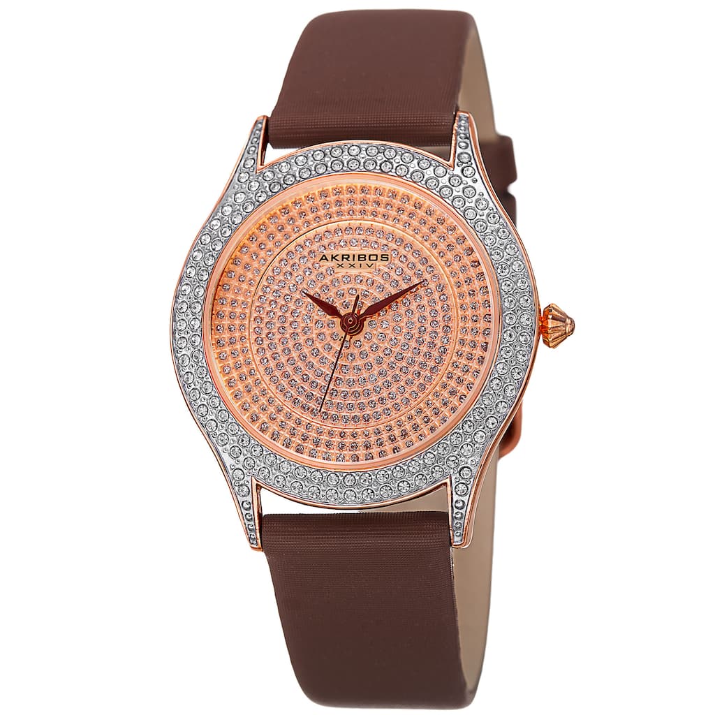 Akribos XXIV Women's Quartz Swarovski Crystals Satin Brown Strap Watch