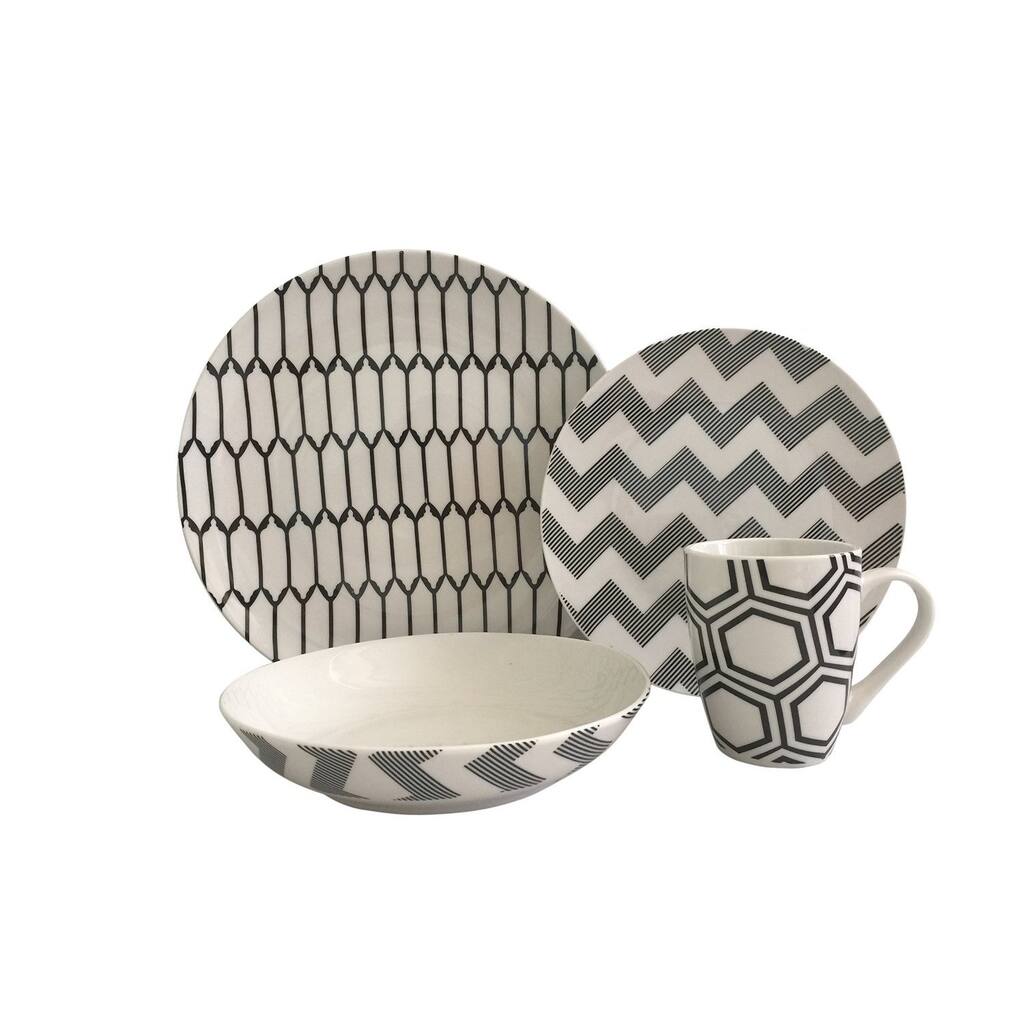 Melange 32 Piece Impressions Coupe Porcelain Place Setting Serving for 8 Dinnerware, White