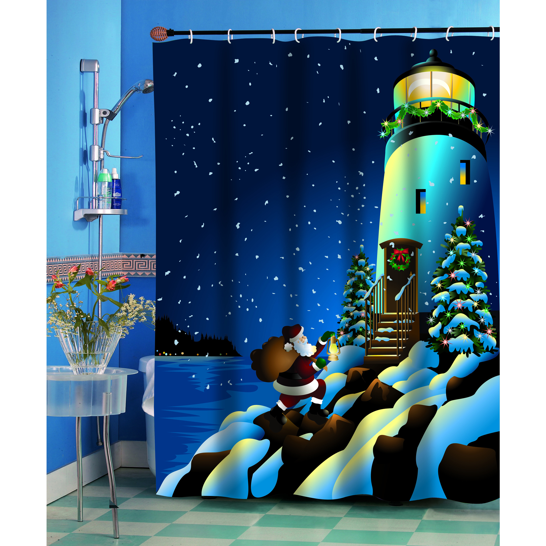 Holiday Lighthouse Christmas Themed Holiday Fabric Shower Curtain - Multi