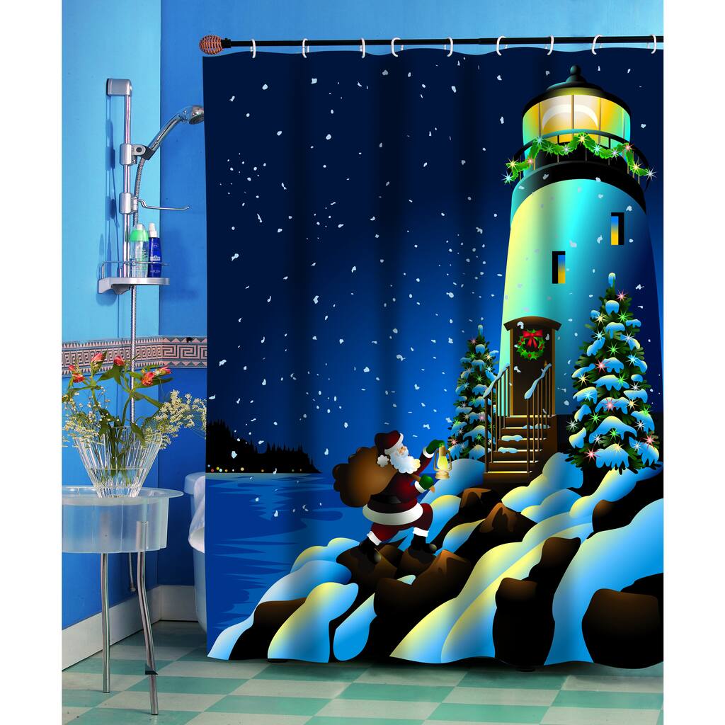 Holiday Lighthouse Christmas Themed Holiday Fabric Shower Curtain - Multi