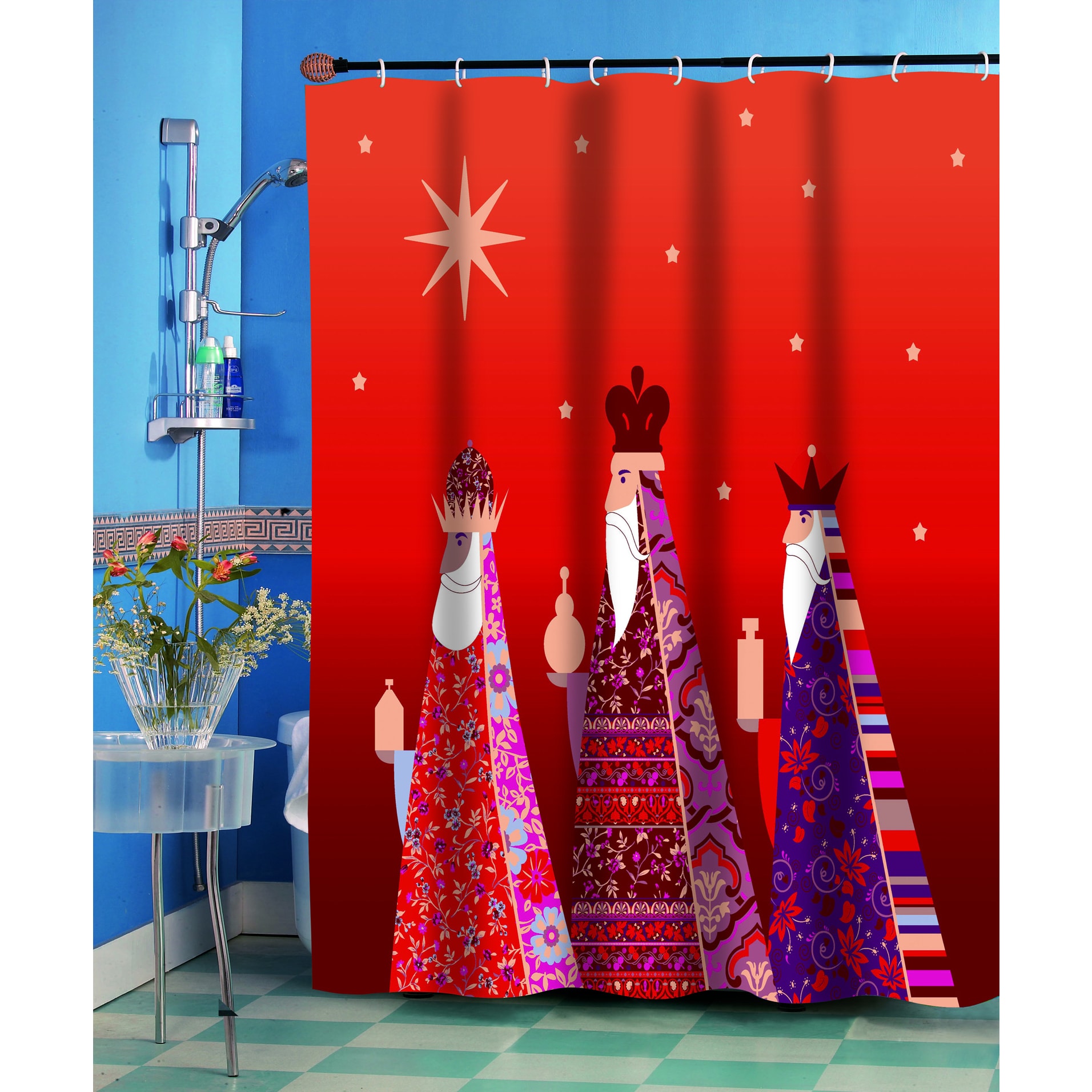 Three Kings Christmas Themed Holiday Fabric Shower Curtain Multi