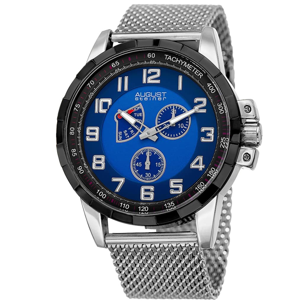 August Steiner Men's Quartz Quartz Stainless Steel Mesh Silver-Tone Bracelet Watch - Blue
