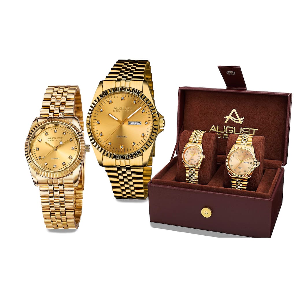 August Steiner His & Hers Quartz Sunray Dial 2-Piece Gold-Tone Bracelet Watch Set