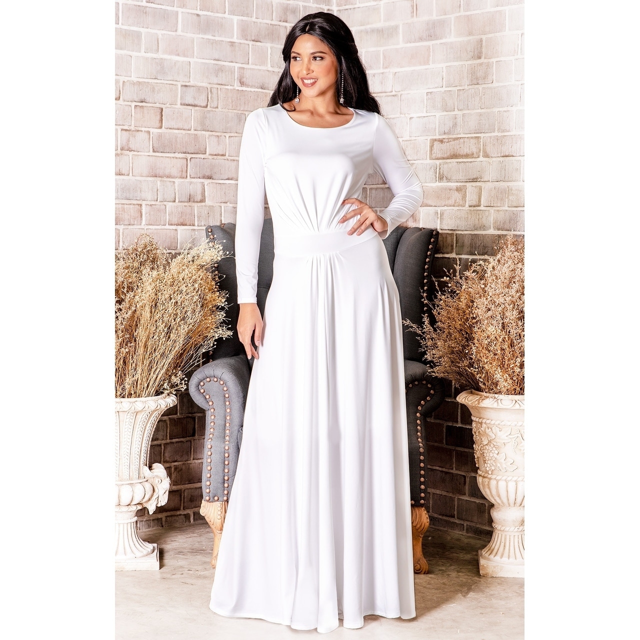 white flowy maxi dress with sleeves